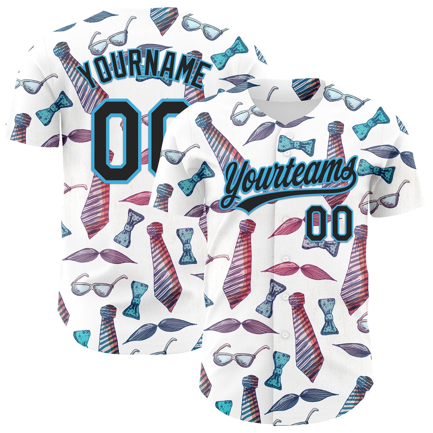 Custom White Black-Sky Blue 3D Pattern Design Father's Day Mustache And Tie Authentic Baseball Jersey - Main View