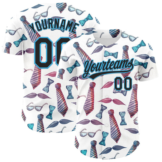Custom White Black-Sky Blue 3D Pattern Design Father's Day Mustache And Tie Authentic Baseball Jersey - Main View