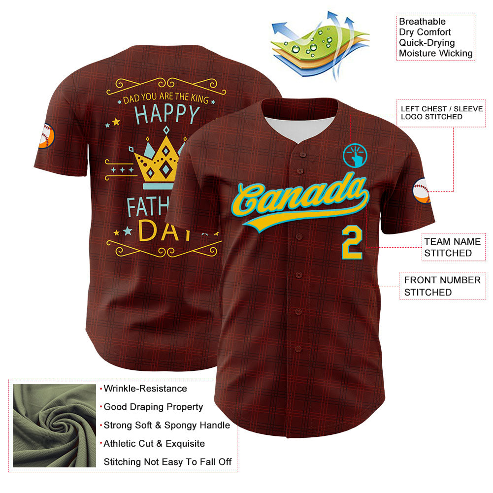 Custom Brown Yellow-Lakes Blue 3D Pattern Design Father's Day King Crown Authentic Baseball Jersey view 3