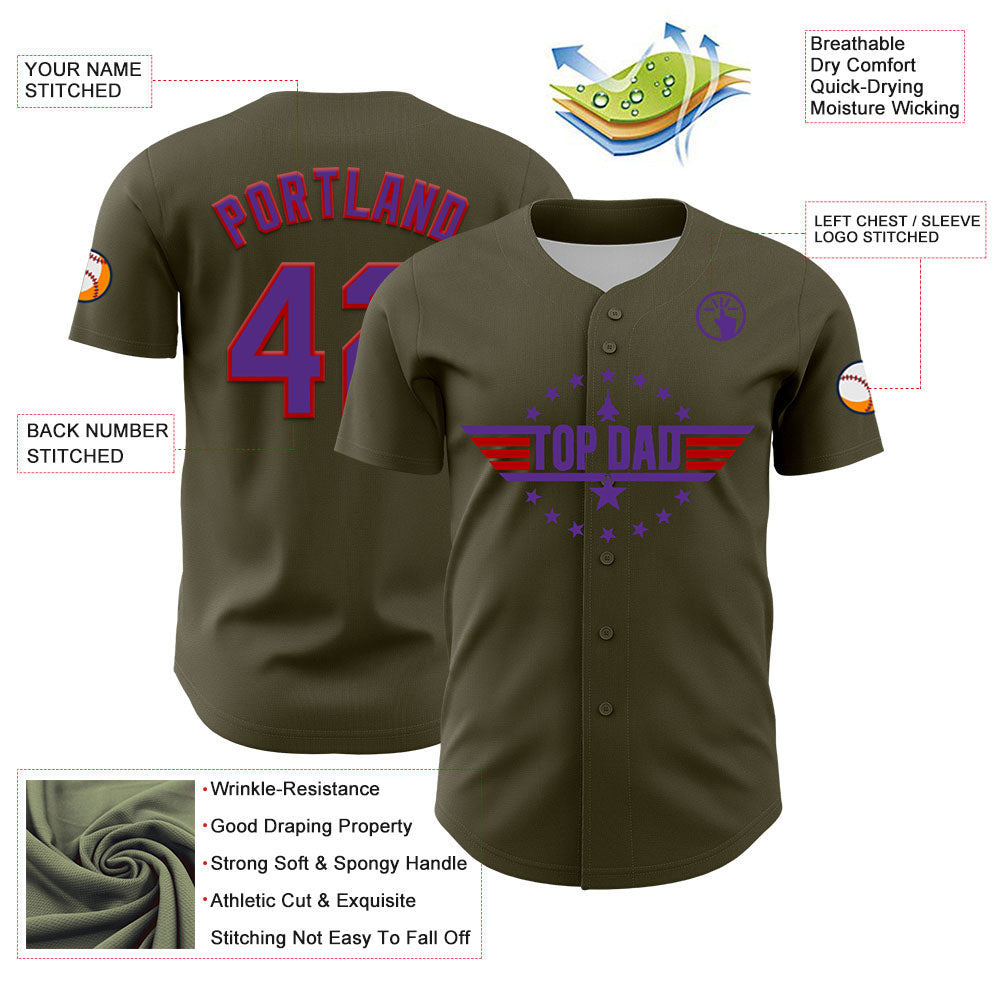 Custom Olive Purple-Red 3D Pattern Design Father's Day Top Dad Authentic Salute To Service Baseball Jersey view 3