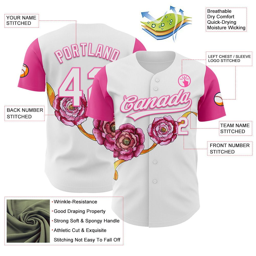 Custom White Pink 3D Pattern Design Mother's Day Flower Authentic Baseball Jersey view 3