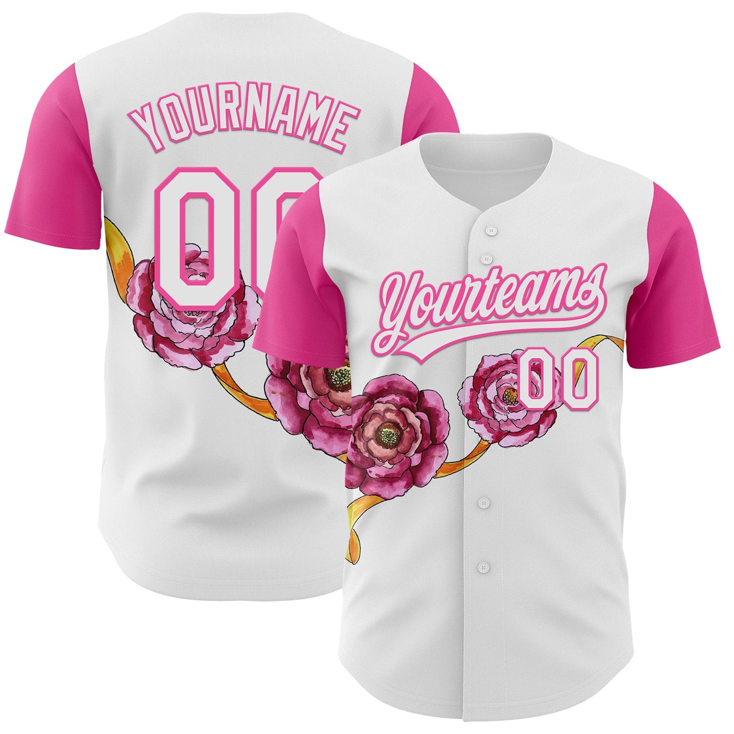 Custom White Pink 3D Pattern Design Mother's Day Flower Authentic Baseball Jersey - Main View