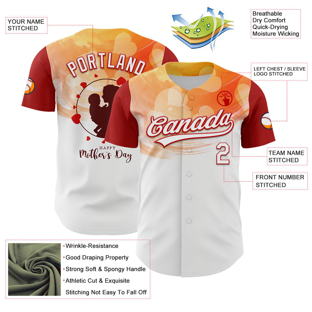 Custom White Red 3D Pattern Design Mother's Day Family Love Authentic Baseball Jersey view 3