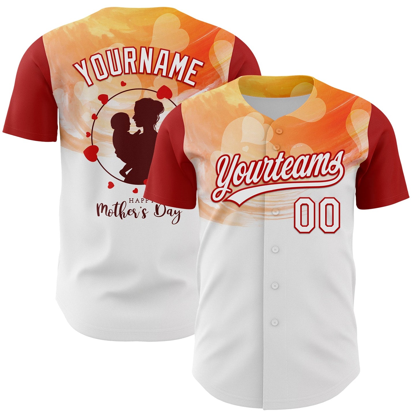 Custom White Red 3D Pattern Design Mother's Day Family Love Authentic Baseball Jersey - Main View