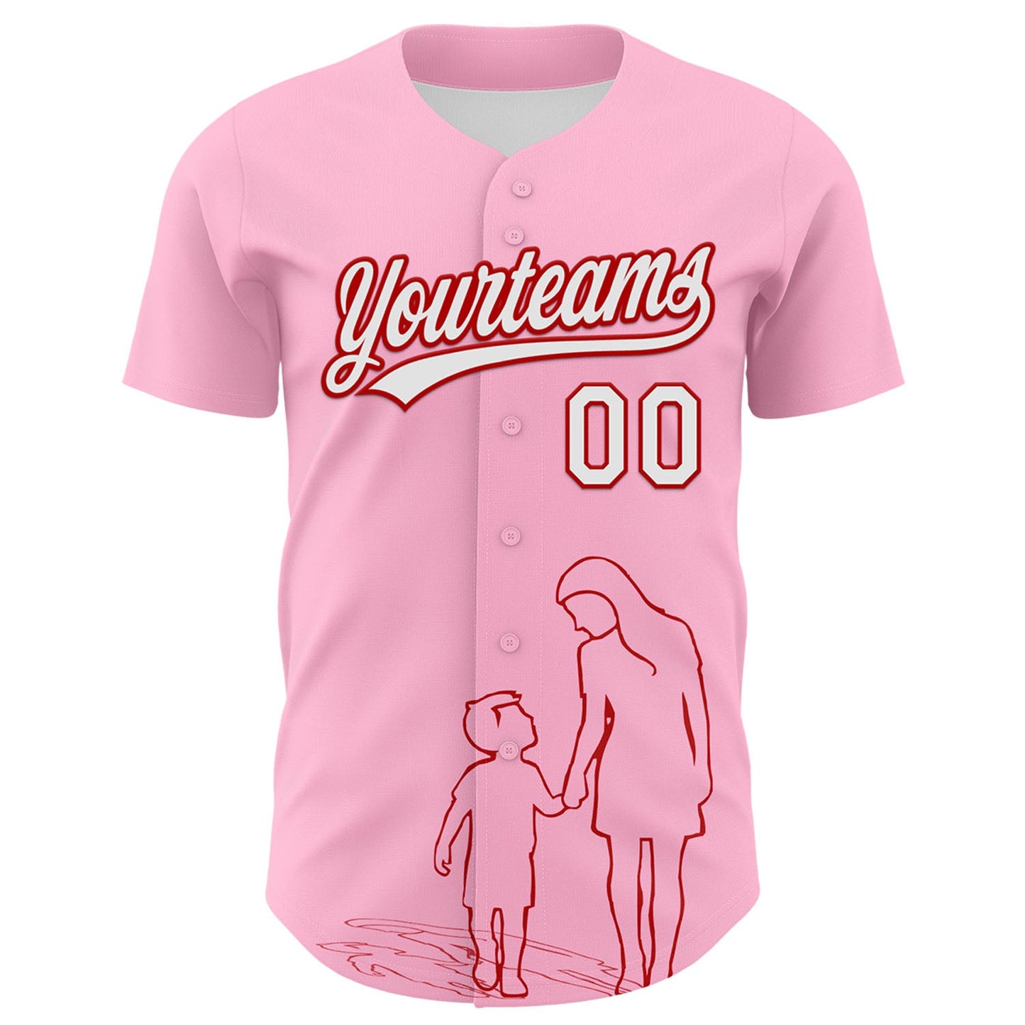 Custom Light Pink White-Red 3D Pattern Design Mother's Day Family Love Authentic Baseball Jersey view 2