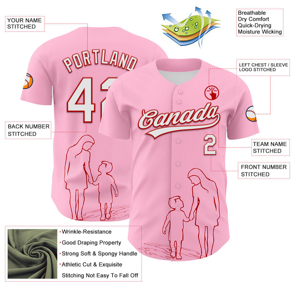 Custom Light Pink White-Red 3D Pattern Design Mother's Day Family Love Authentic Baseball Jersey view 3