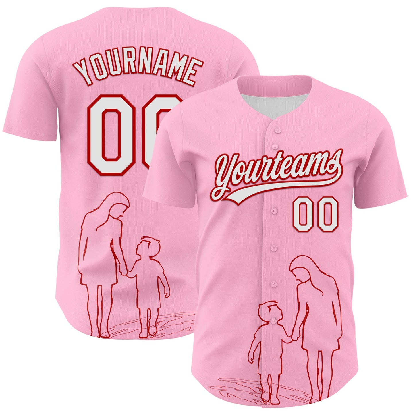 Custom Light Pink White-Red 3D Pattern Design Mother's Day Family Love Authentic Baseball Jersey - Main View