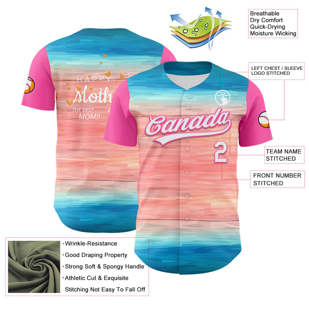 Custom Sky Blue White-Pink 3D Pattern Design Mother's Day Love Authentic Baseball Jersey view 3