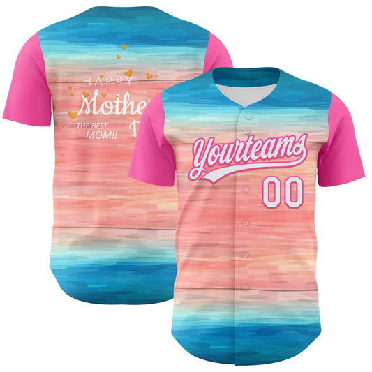 Custom Sky Blue White-Pink 3D Pattern Design Mother's Day Love Authentic Baseball Jersey - Main View