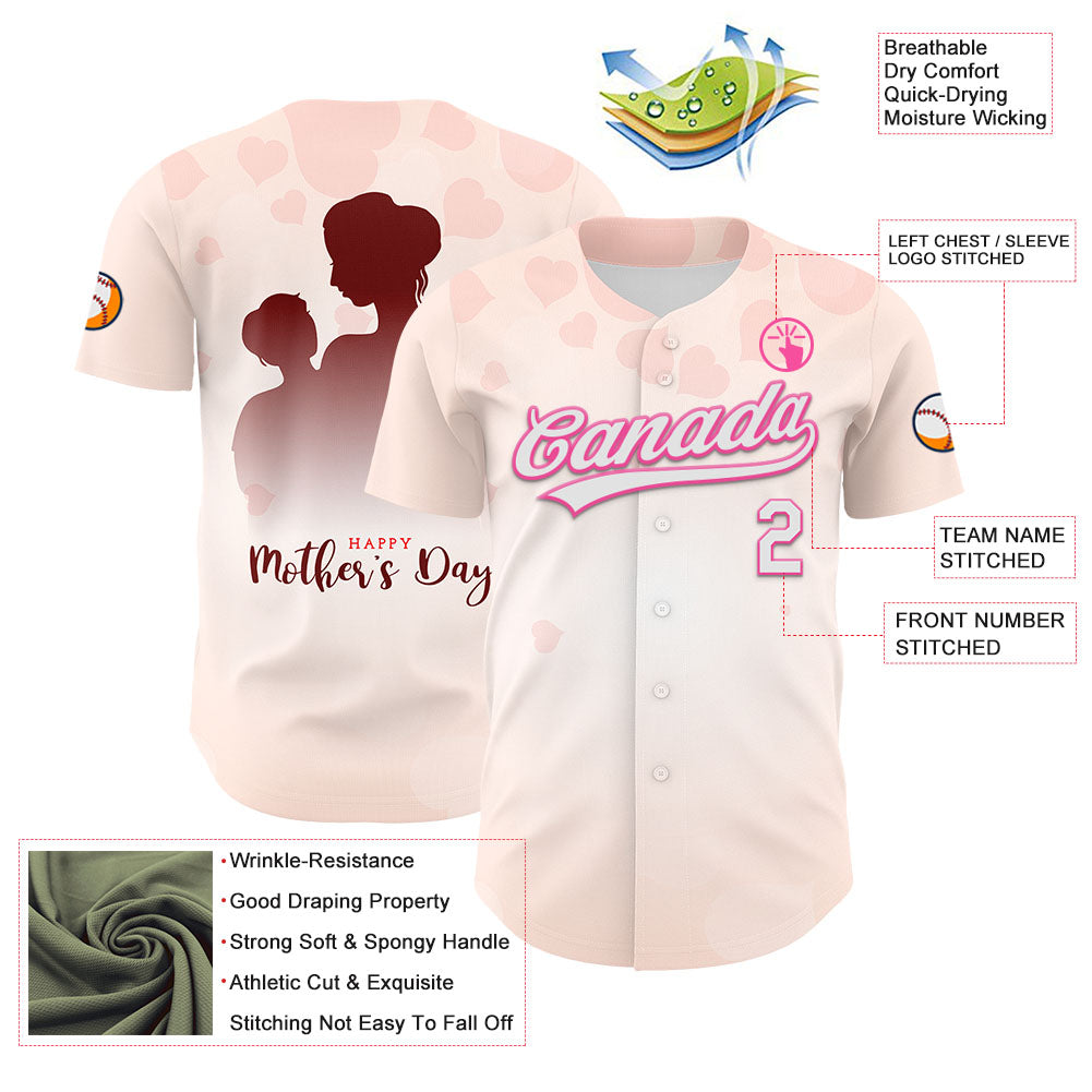 Custom Cream White-Pink 3D Pattern Design Mother's Day Family Love Authentic Baseball Jersey view 3