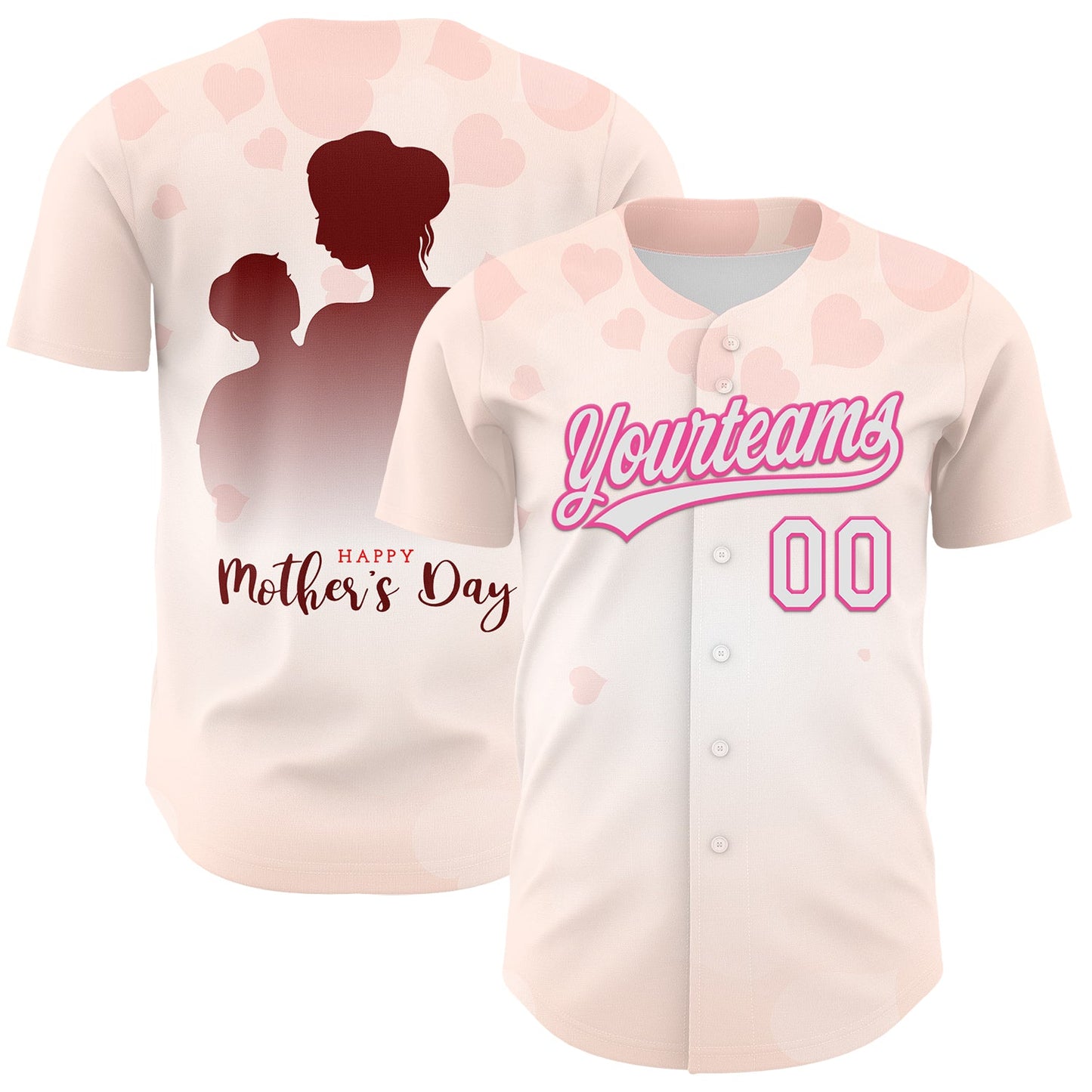 Custom Cream White-Pink 3D Pattern Design Mother's Day Family Love Authentic Baseball Jersey - Main View