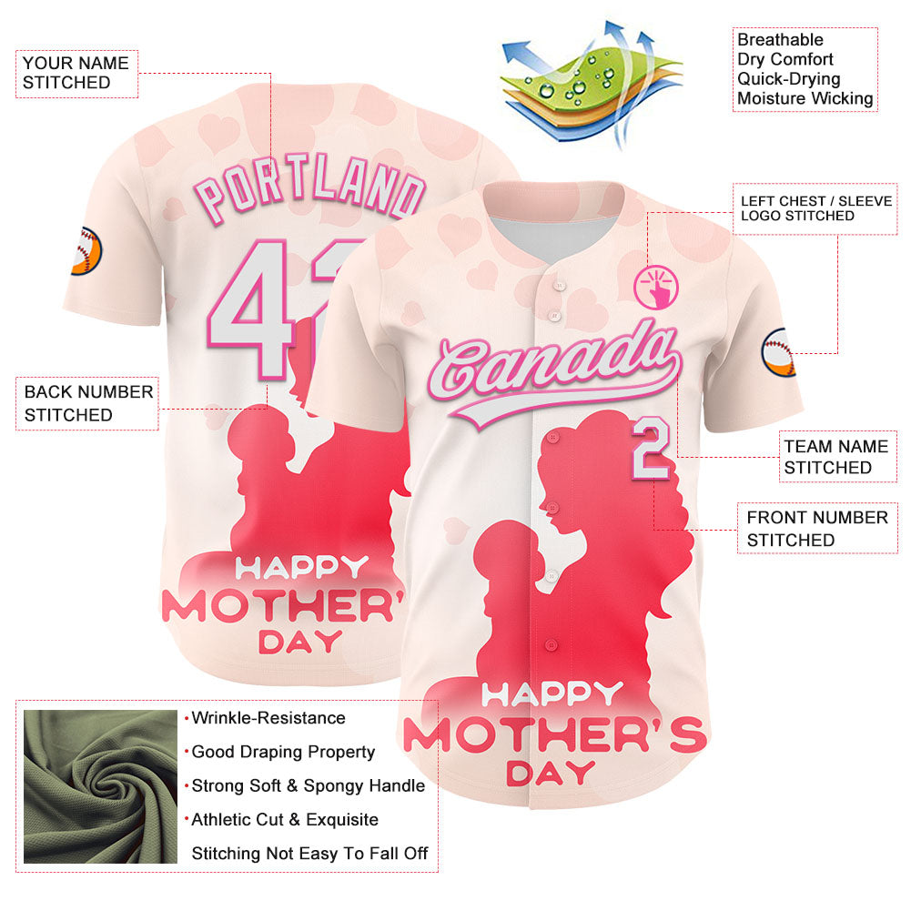 Custom Cream White-Pink 3D Pattern Design Mother's Day Family Love Authentic Baseball Jersey view 3