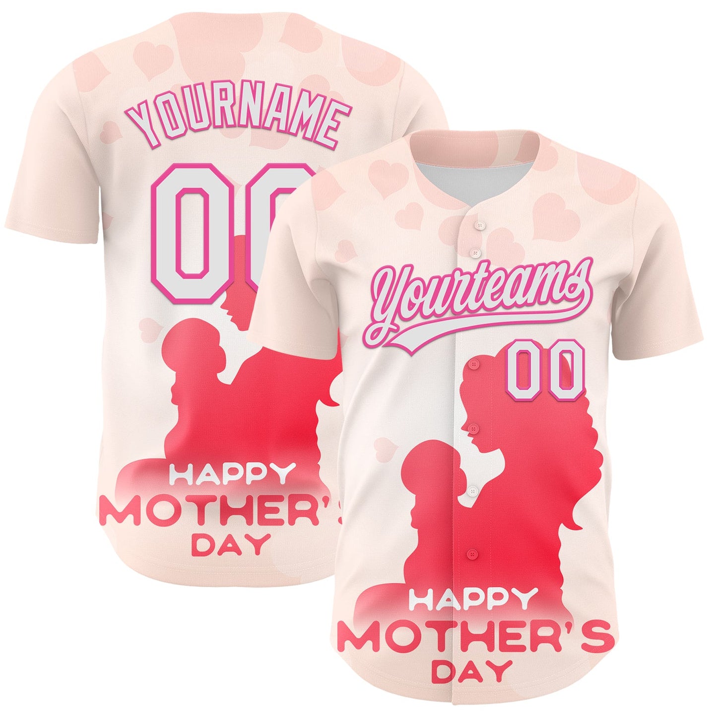Custom Cream White-Pink 3D Pattern Design Mother's Day Family Love Authentic Baseball Jersey - Main View