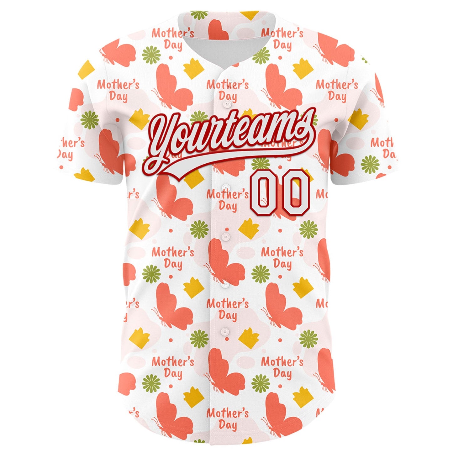 Custom White Red 3D Pattern Design Mother's Day Love Authentic Baseball Jersey view 2