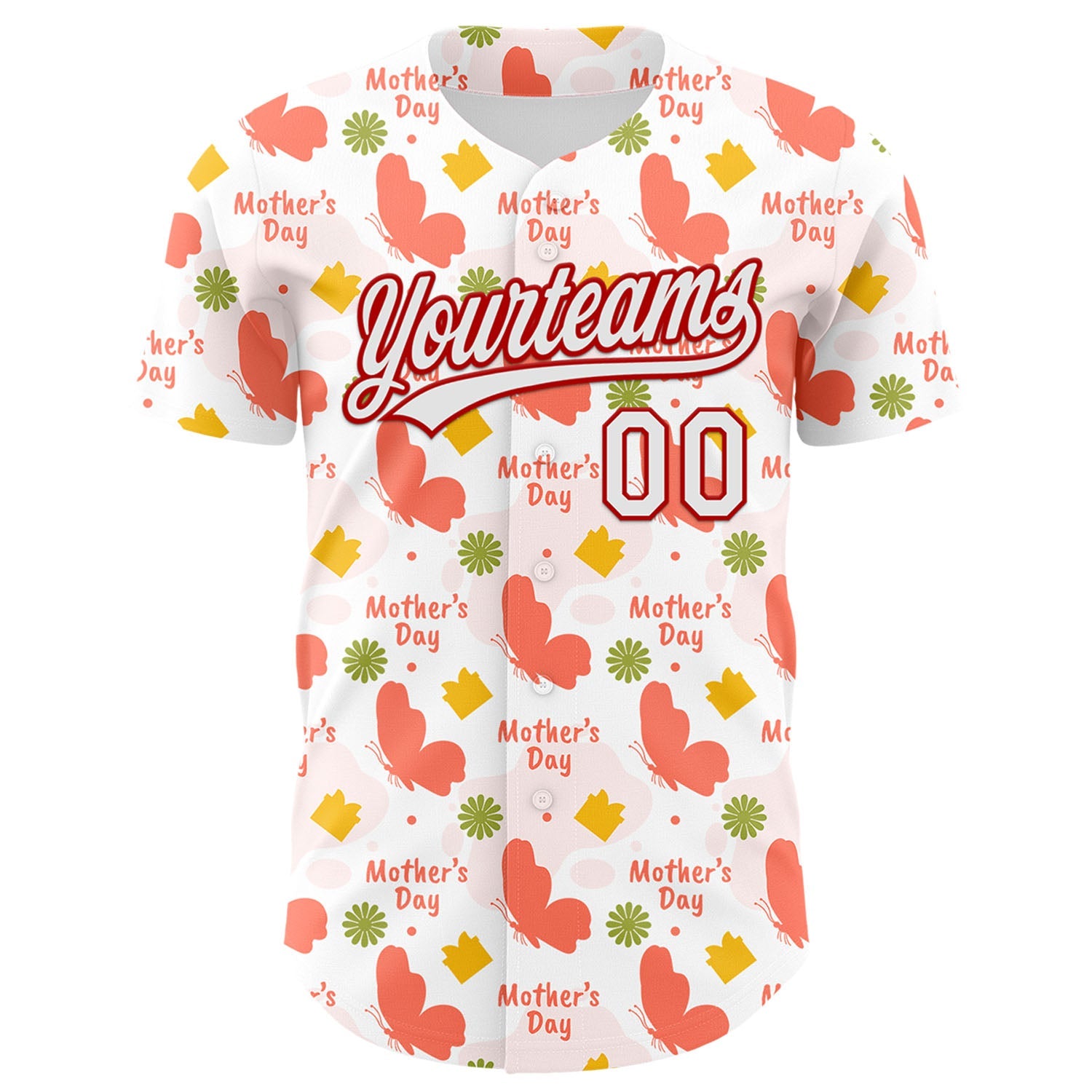 Custom White Red 3D Pattern Design Mother's Day Love Authentic Baseball Jersey view 2