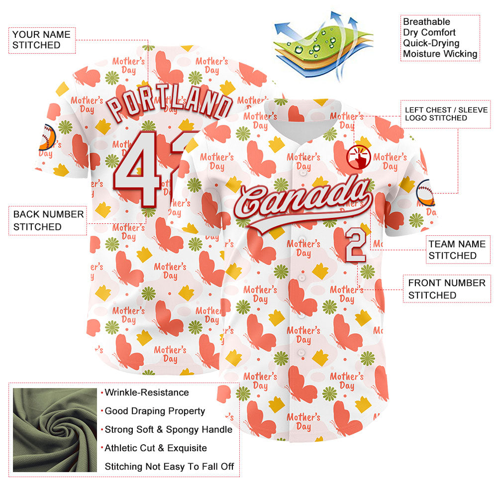 Custom White Red 3D Pattern Design Mother's Day Love Authentic Baseball Jersey view 3