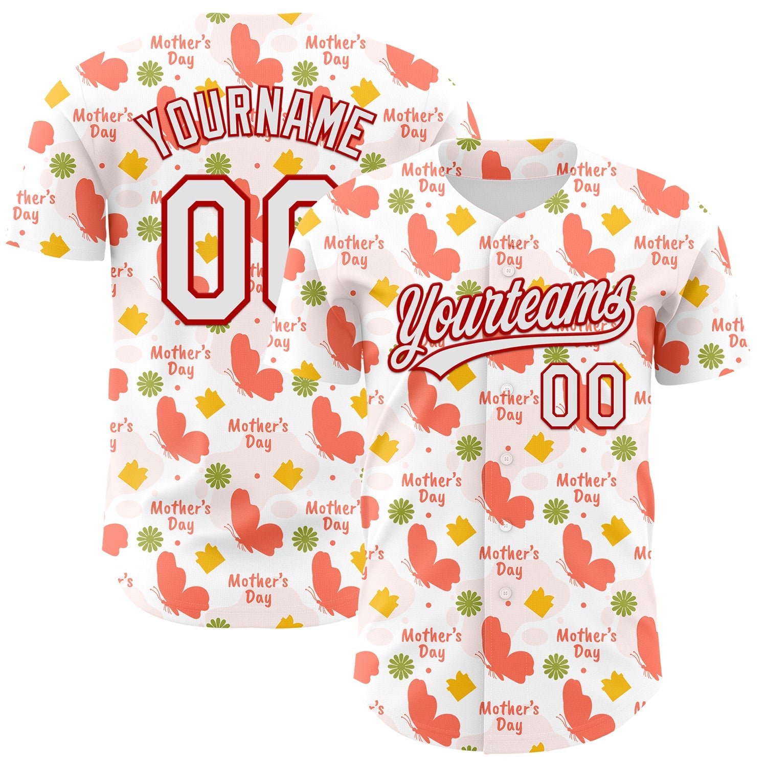 Custom White Red 3D Pattern Design Mother's Day Love Authentic Baseball Jersey - Main View