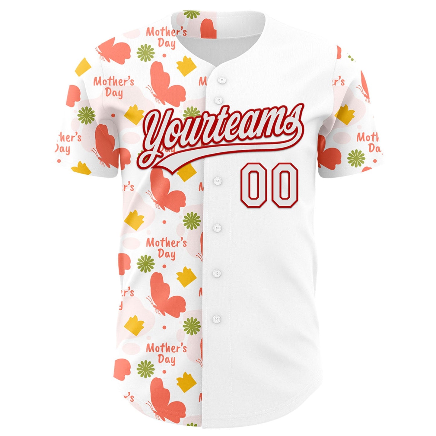 Custom White Red 3D Pattern Design Mother's Day Love Authentic Baseball Jersey view 2