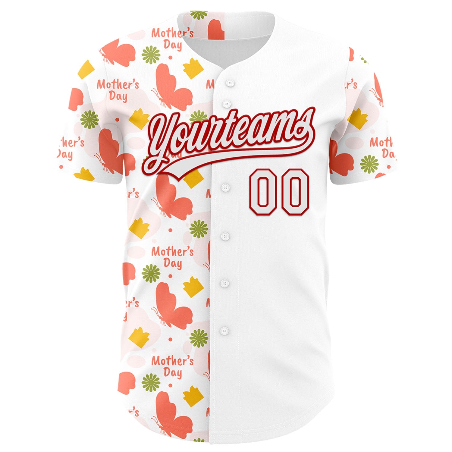 Custom White Red 3D Pattern Design Mother's Day Love Authentic Baseball Jersey view 2
