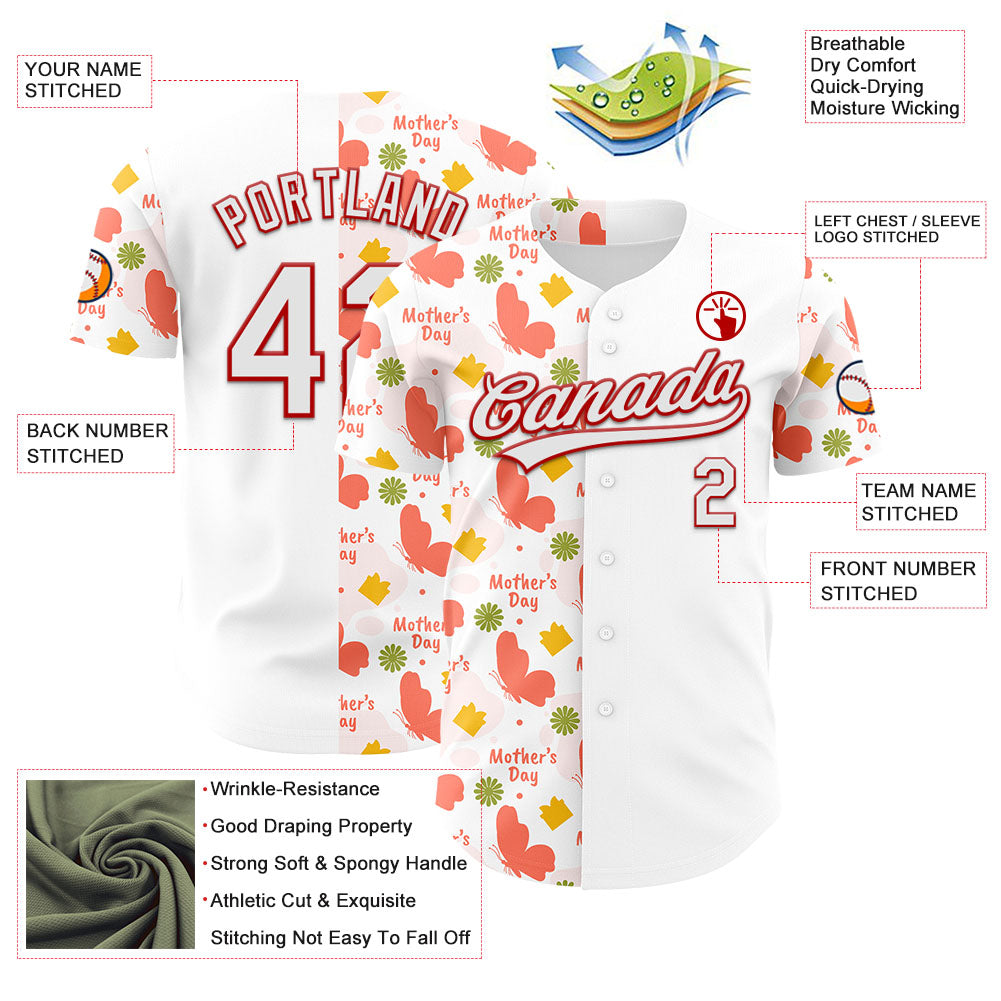 Custom White Red 3D Pattern Design Mother's Day Love Authentic Baseball Jersey view 3