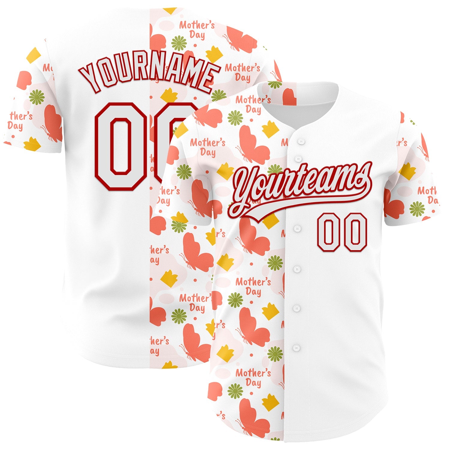 Custom White Red 3D Pattern Design Mother's Day Love Authentic Baseball Jersey - Main View