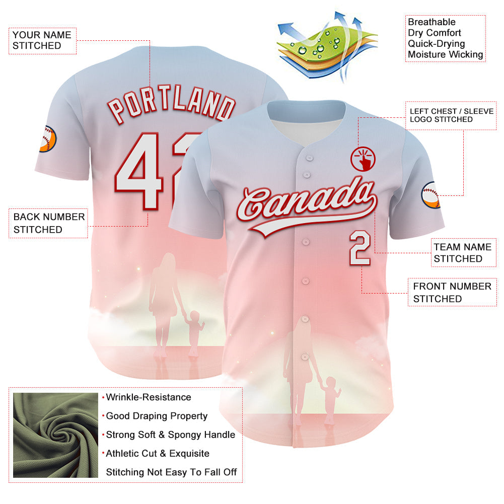 Custom Light Pink White-Red 3D Pattern Design Mother's Day Family Love Authentic Baseball Jersey view 3