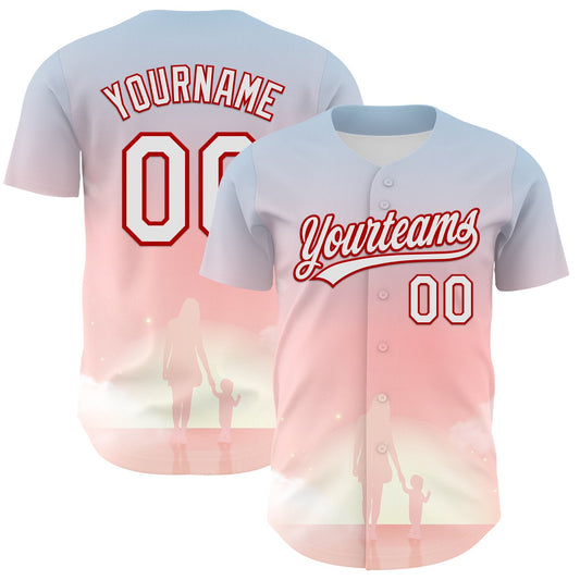 Custom Light Pink White-Red 3D Pattern Design Mother's Day Family Love Authentic Baseball Jersey - Main View