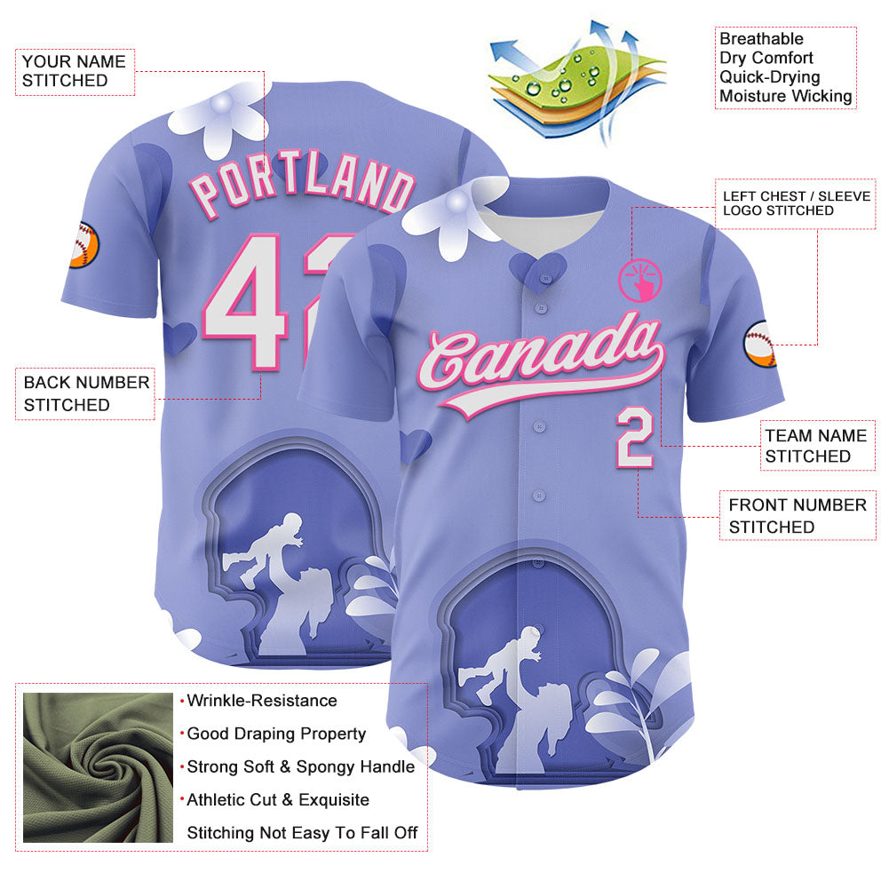 Custom Light Purple White-Pink 3D Pattern Design Mother's Day Family Love Authentic Baseball Jersey view 3