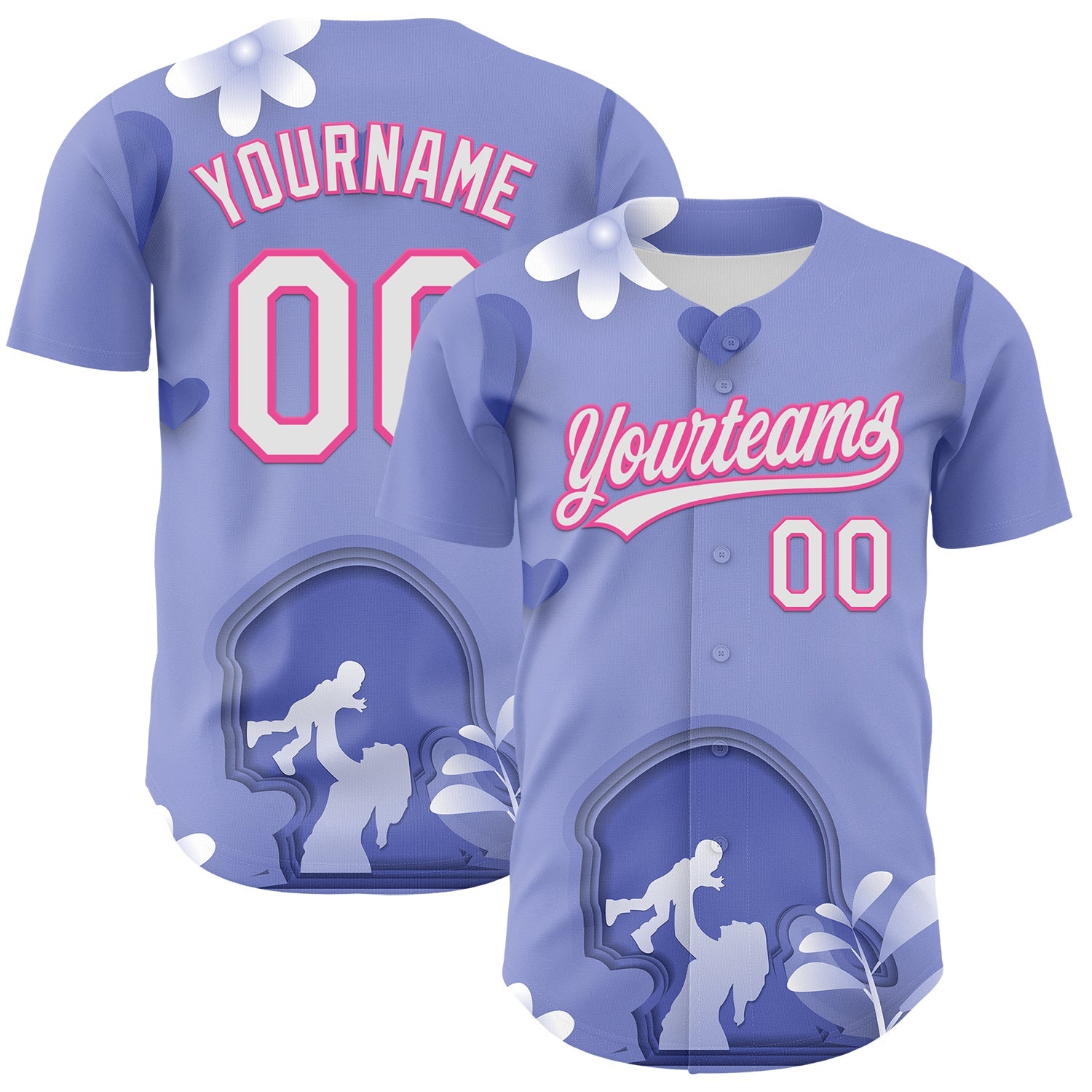 Custom Light Purple White-Pink 3D Pattern Design Mother's Day Family Love Authentic Baseball Jersey - Main View