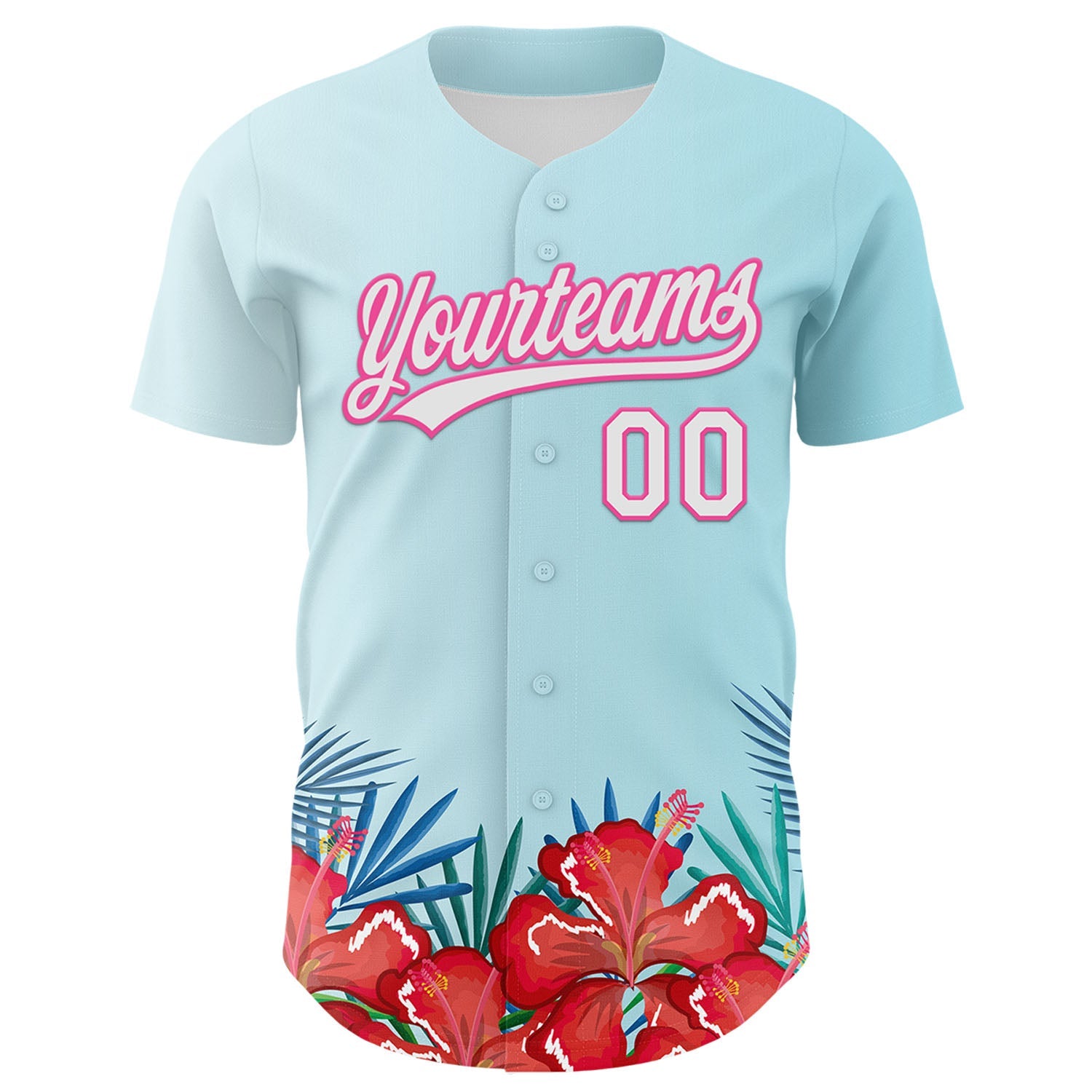 Custom Ice Blue White-Pink 3D Pattern Design Mother's Day Flower Authentic Baseball Jersey view 2