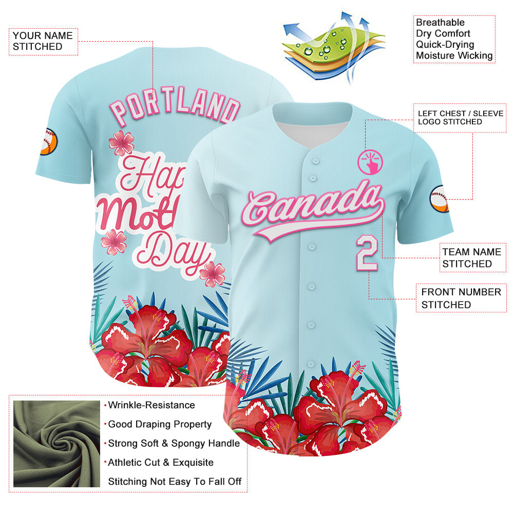 Custom Ice Blue White-Pink 3D Pattern Design Mother's Day Flower Authentic Baseball Jersey view 3