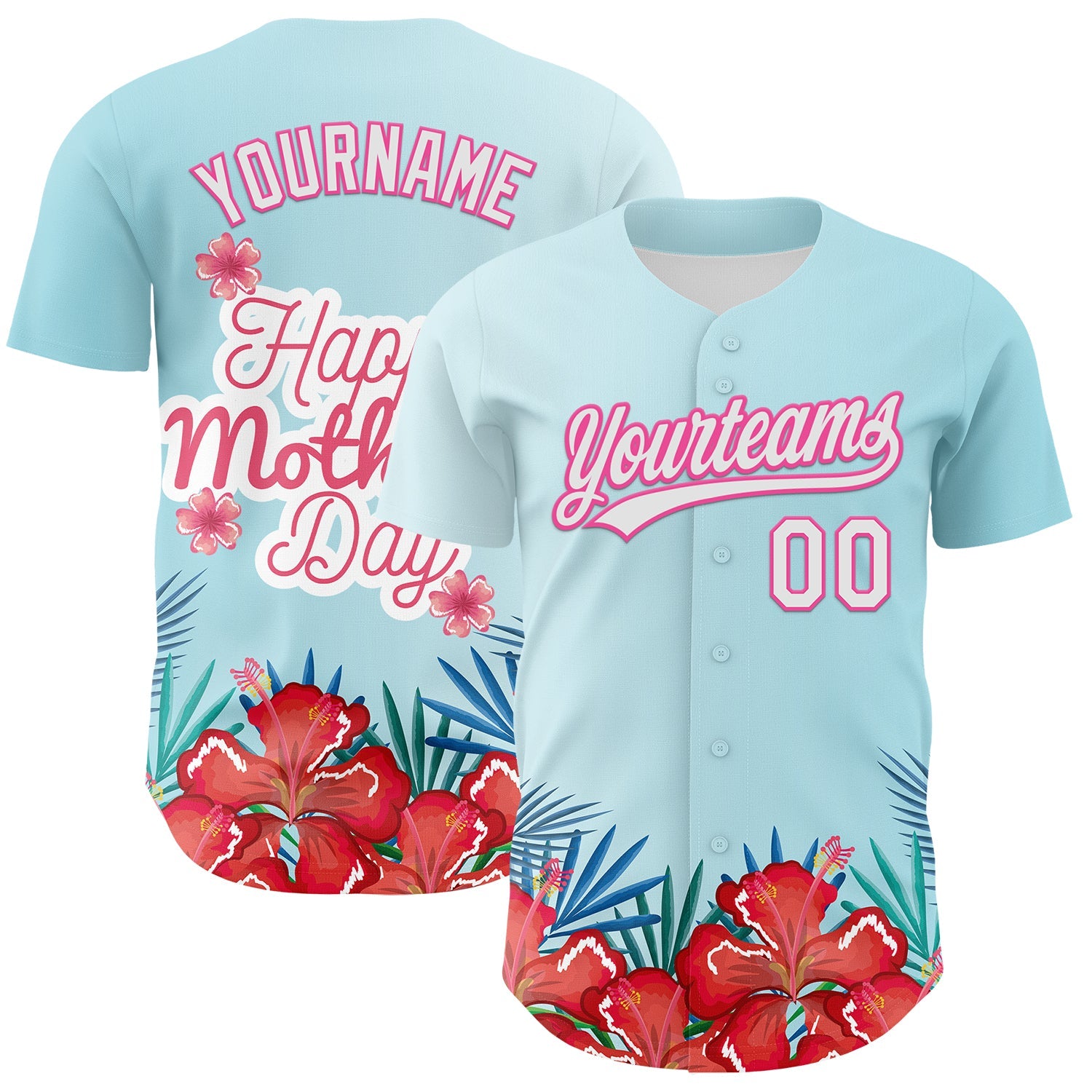 Custom Ice Blue White-Pink 3D Pattern Design Mother's Day Flower Authentic Baseball Jersey - Main View
