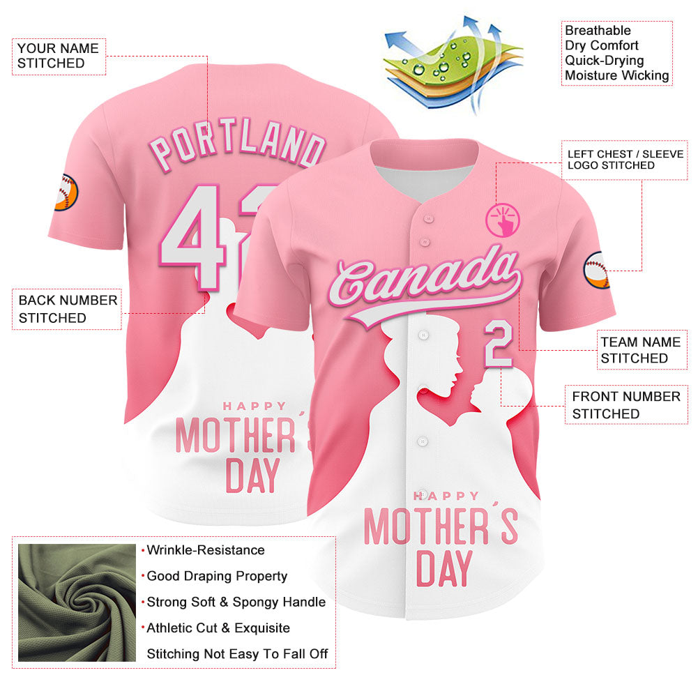 Custom Light Pink White-Pink 3D Pattern Design Mother's Day Family Love Authentic Baseball Jersey view 3