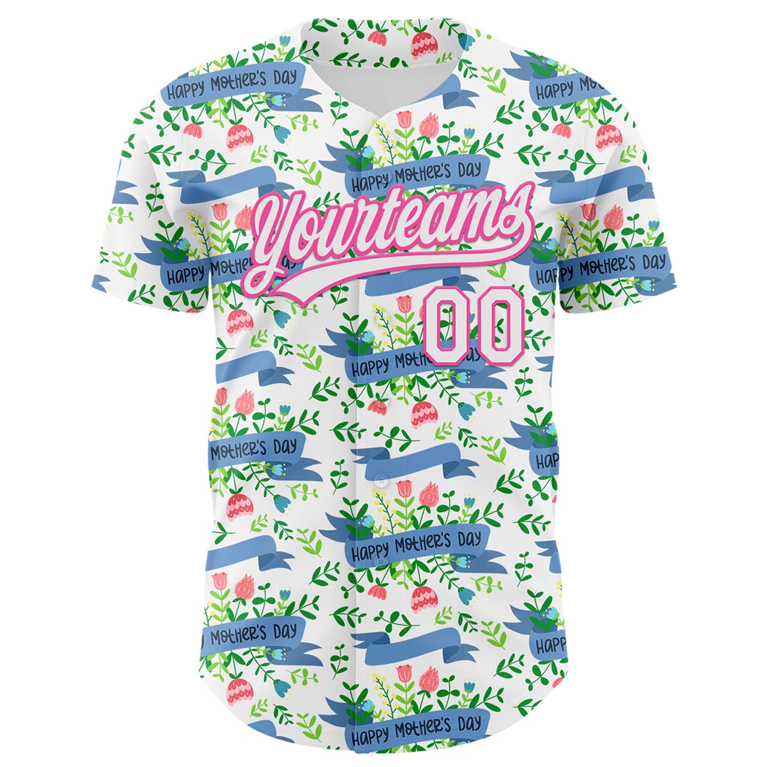 Custom White Pink 3D Pattern Design Mother's Day Flower Authentic Baseball Jersey view 2