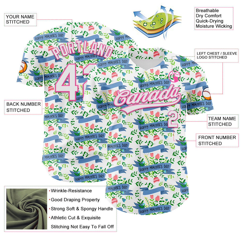 Custom White Pink 3D Pattern Design Mother's Day Flower Authentic Baseball Jersey view 3