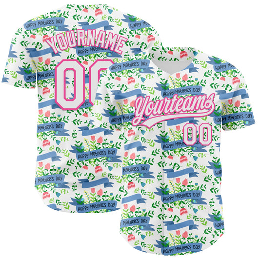 Custom White Pink 3D Pattern Design Mother's Day Flower Authentic Baseball Jersey - Main View