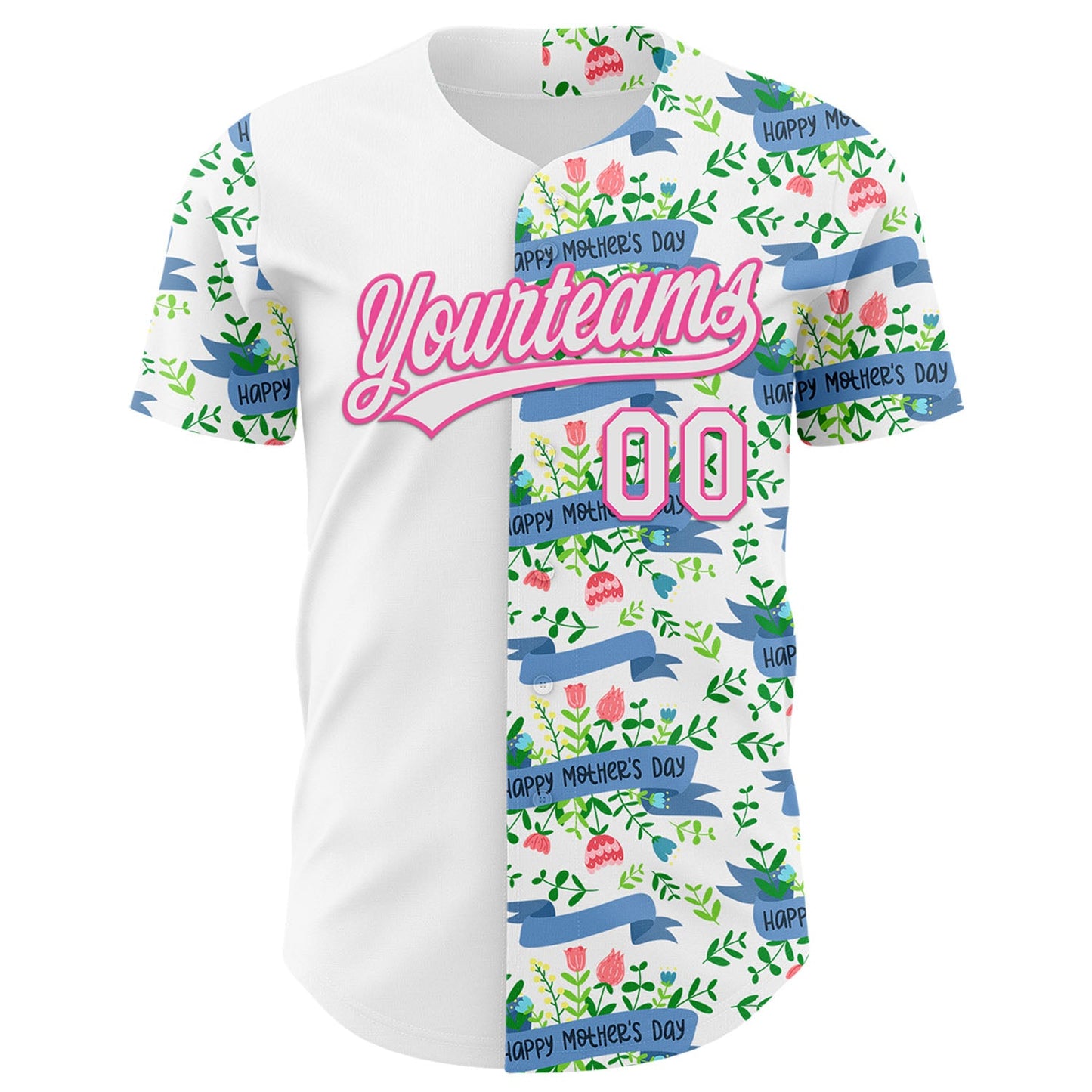 Custom White Pink 3D Pattern Design Mother's Day Flower Authentic Baseball Jersey view 2