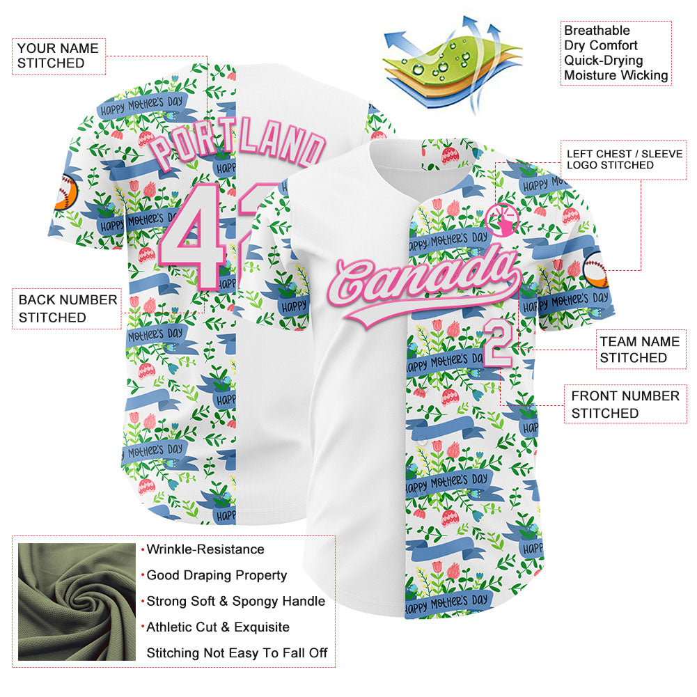 Custom White Pink 3D Pattern Design Mother's Day Flower Authentic Baseball Jersey view 3