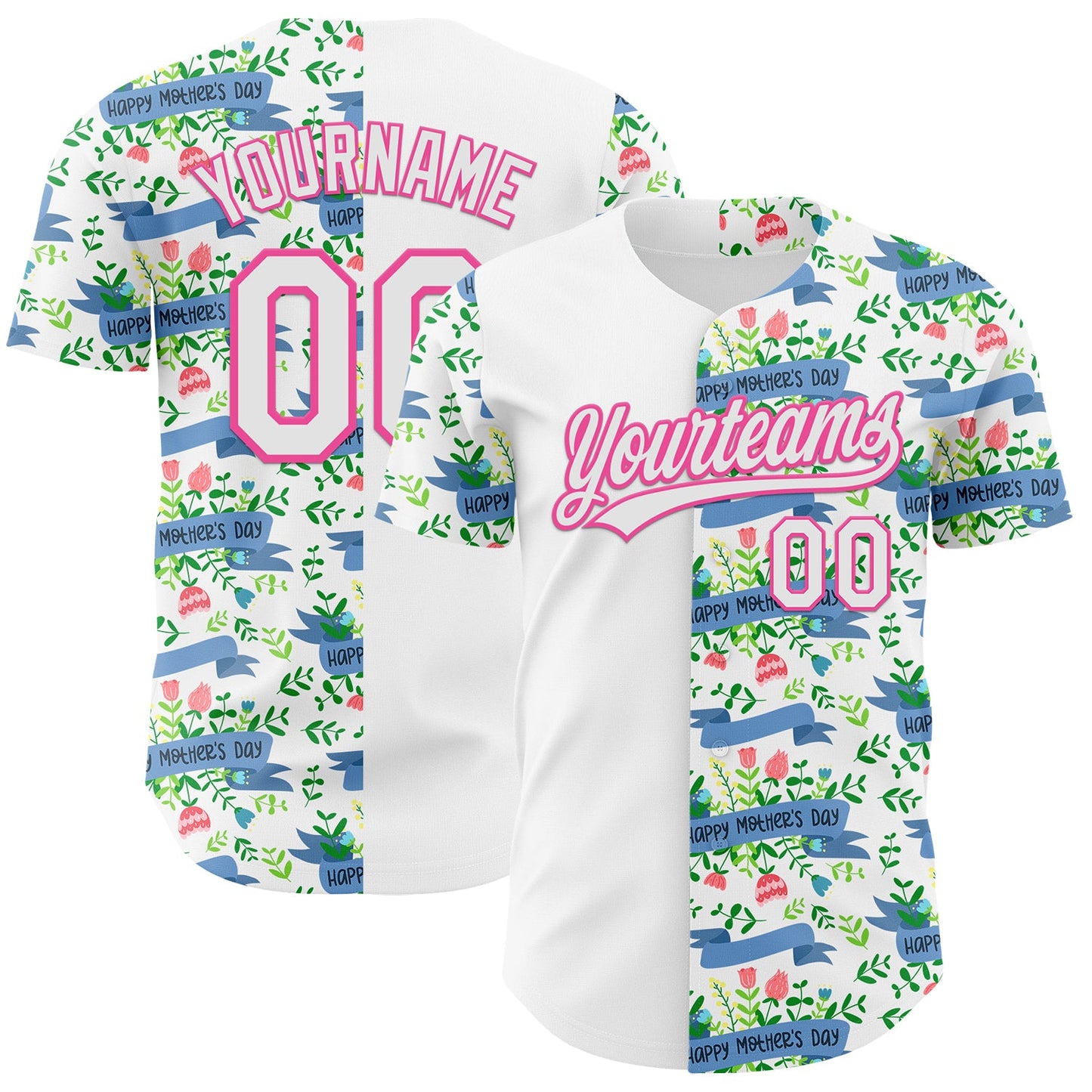 Custom White Pink 3D Pattern Design Mother's Day Flower Authentic Baseball Jersey - Main View