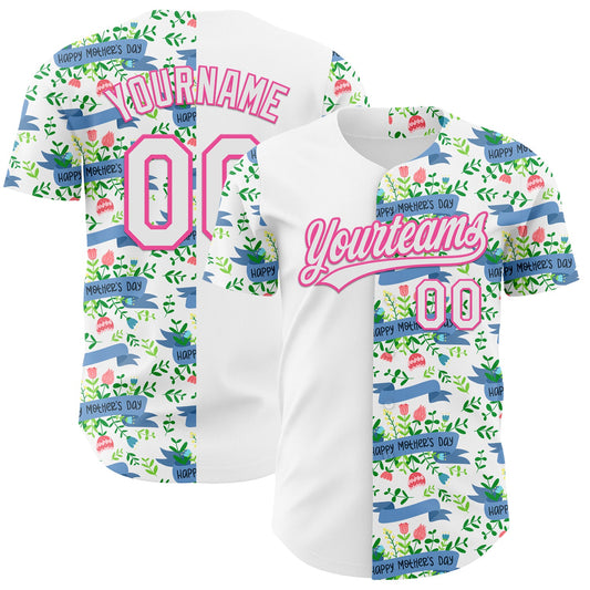 Custom White Pink 3D Pattern Design Mother's Day Flower Authentic Baseball Jersey - Main View