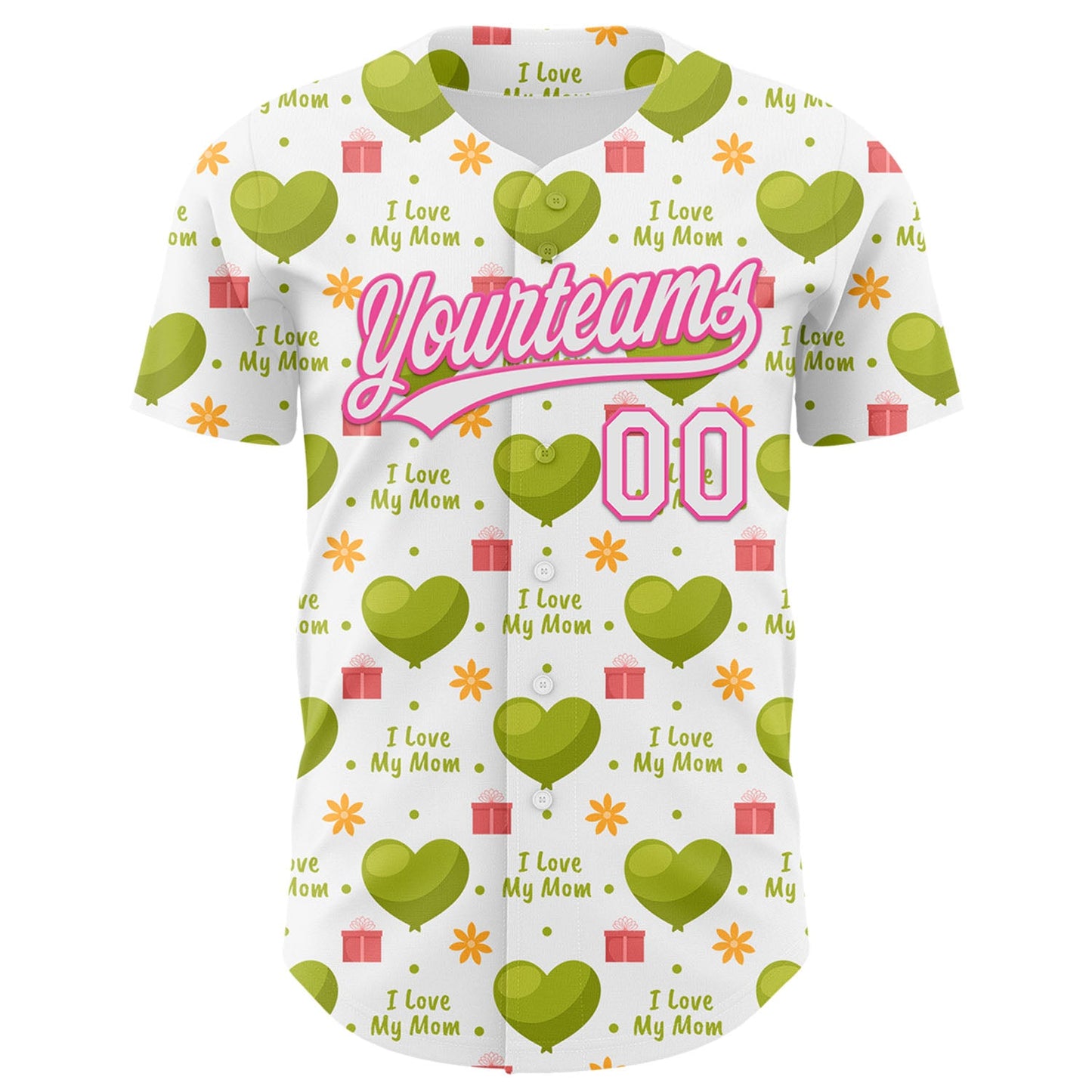 Custom White Pink 3D Pattern Design Mother's Day Love Authentic Baseball Jersey view 2