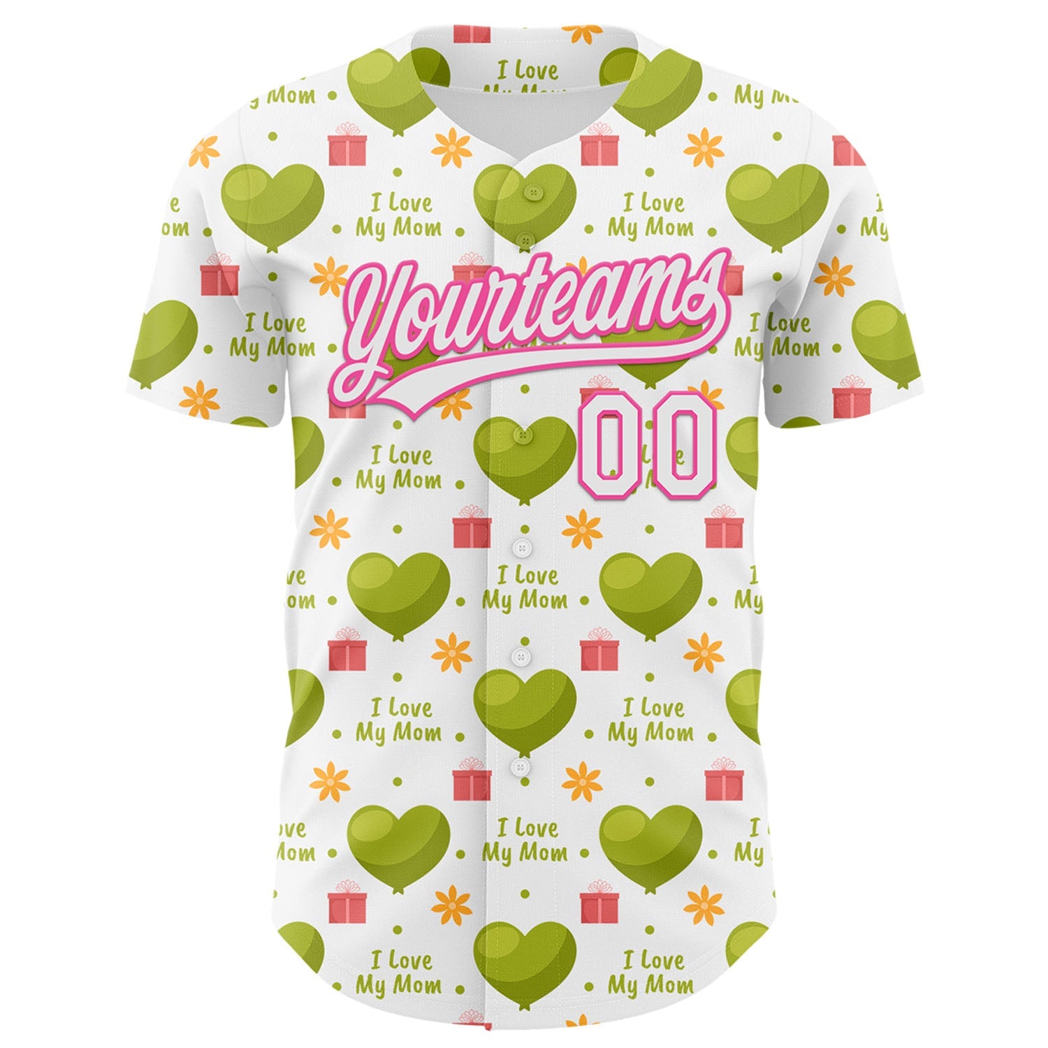 Custom White Pink 3D Pattern Design Mother's Day Love Authentic Baseball Jersey view 2