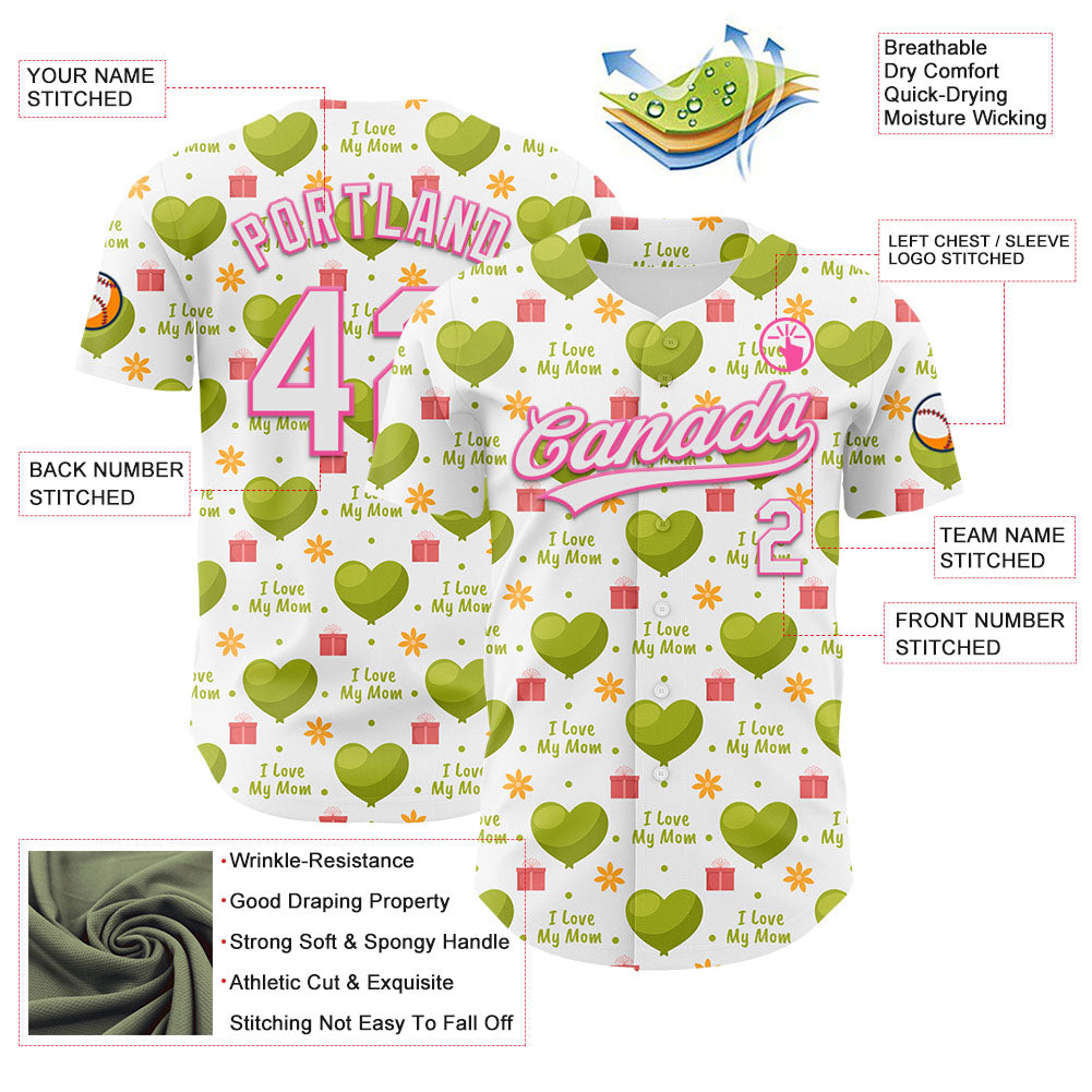 Custom White Pink 3D Pattern Design Mother's Day Love Authentic Baseball Jersey view 3