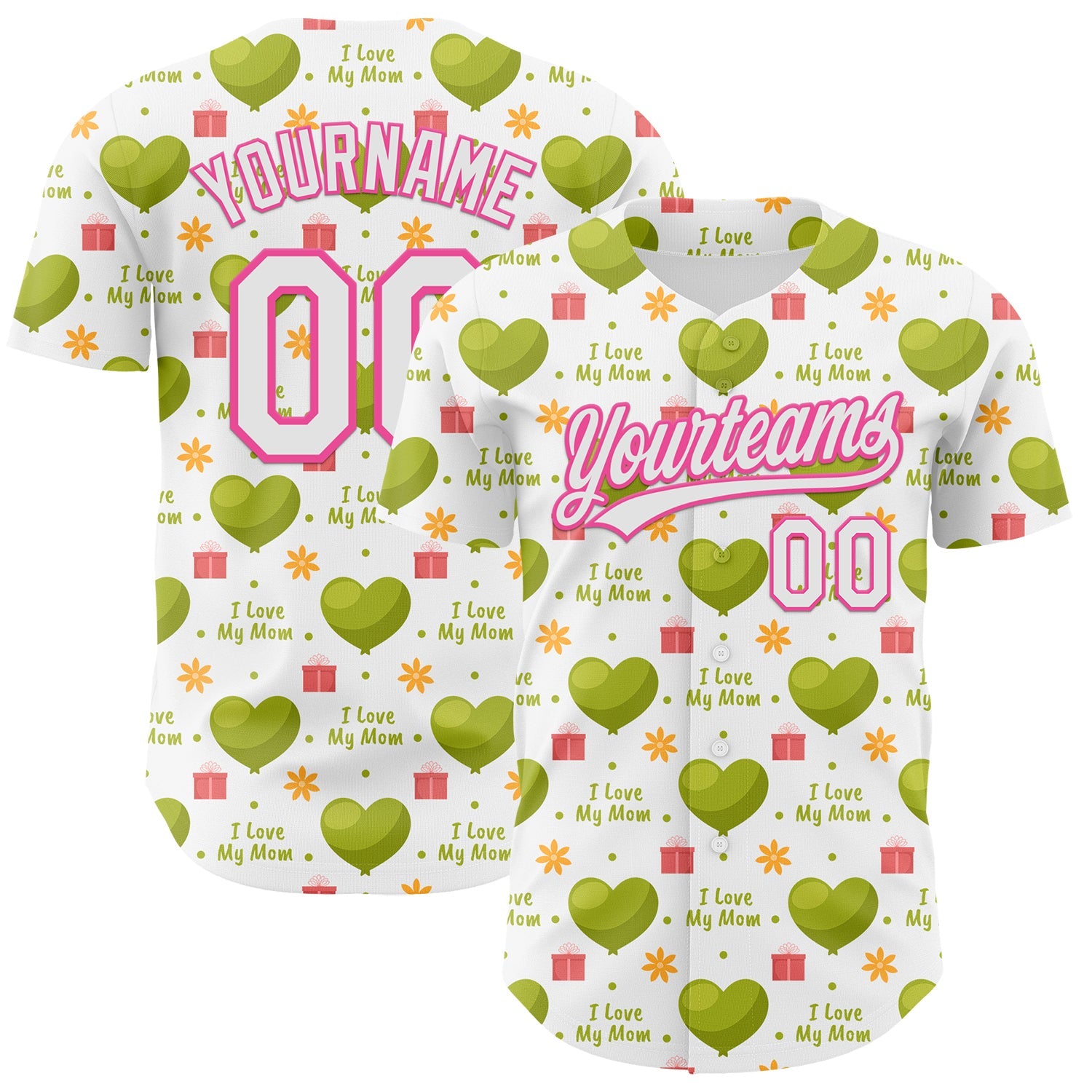 Custom White Pink 3D Pattern Design Mother's Day Love Authentic Baseball Jersey - Main View