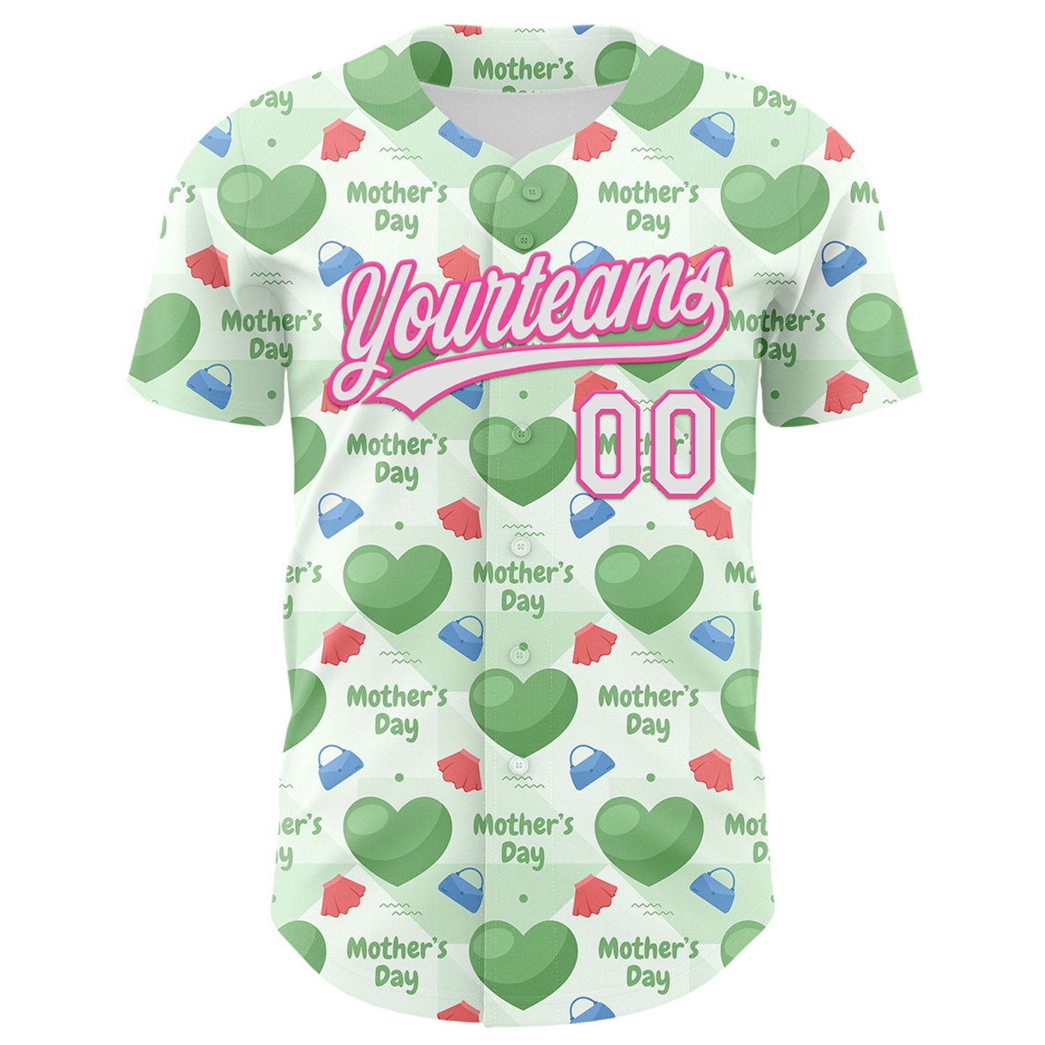 Custom Green White-Pink 3D Pattern Design Mother's Day Love Authentic Baseball Jersey view 2