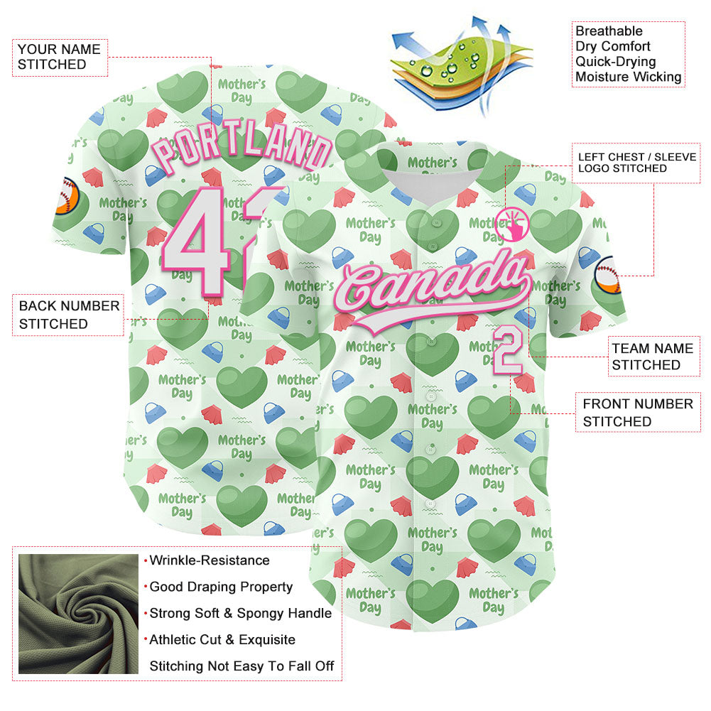 Custom Green White-Pink 3D Pattern Design Mother's Day Love Authentic Baseball Jersey view 3