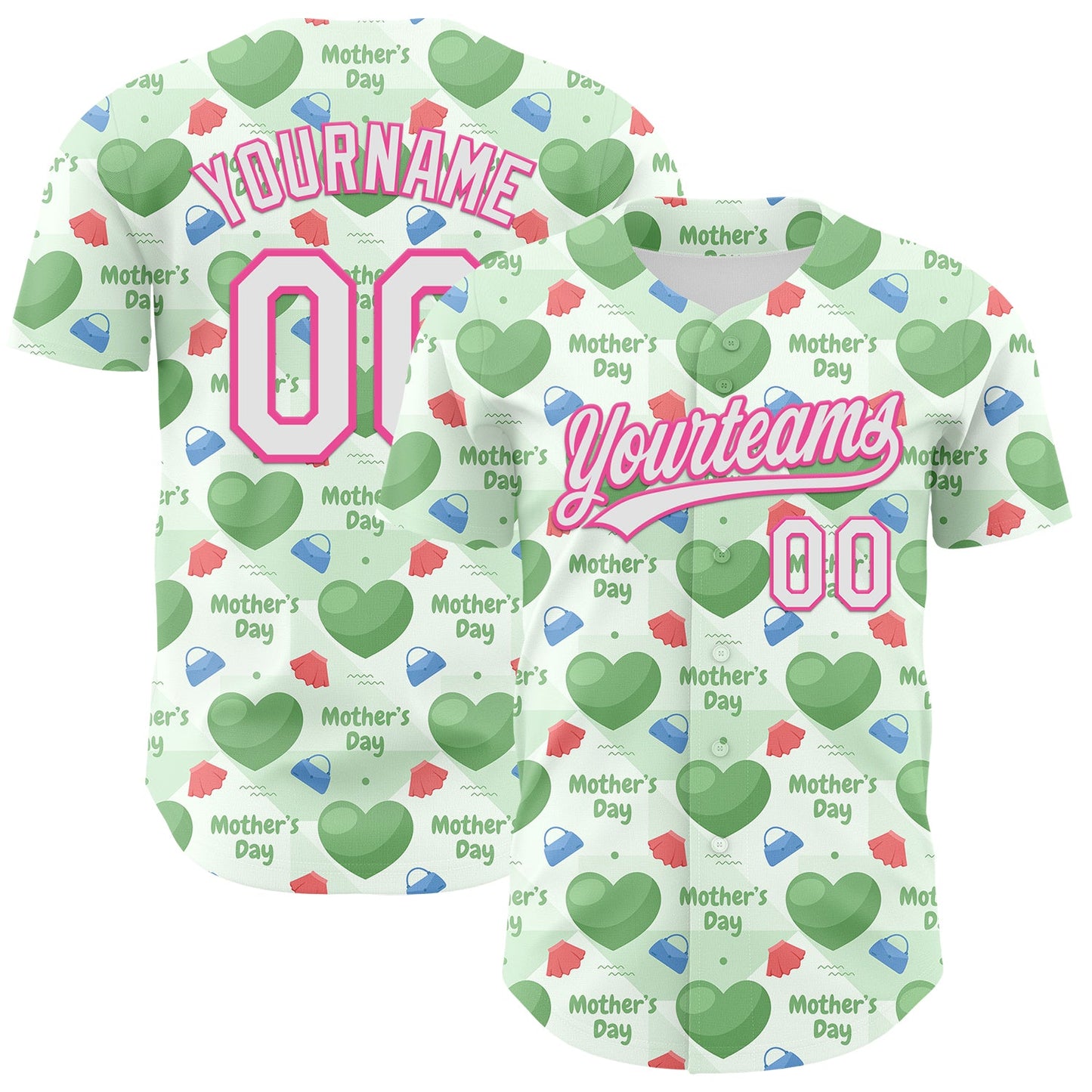 Custom Green White-Pink 3D Pattern Design Mother's Day Love Authentic Baseball Jersey - Main View
