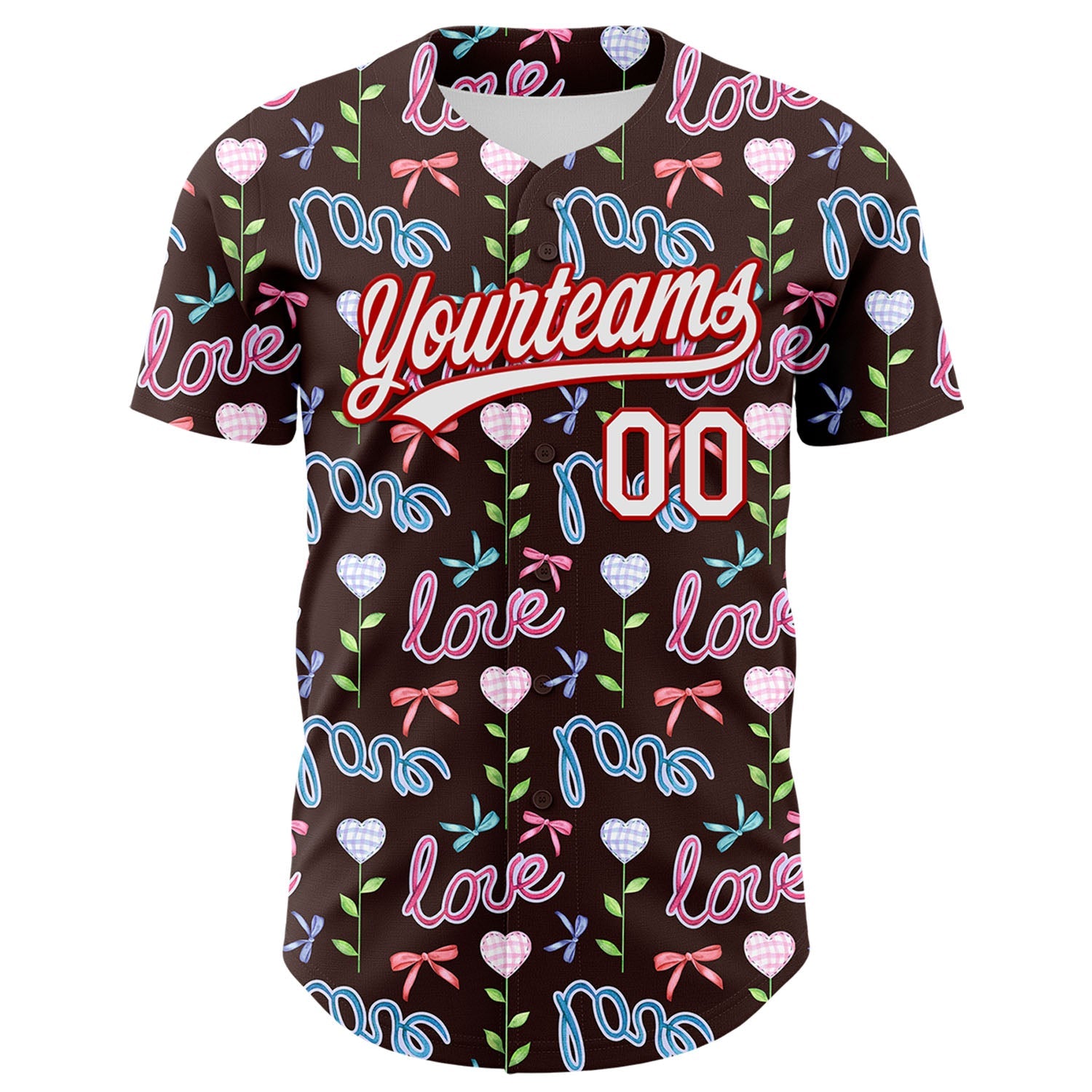 Custom Brown White-Red 3D Pattern Design Mother's Day Love Authentic Baseball Jersey view 2