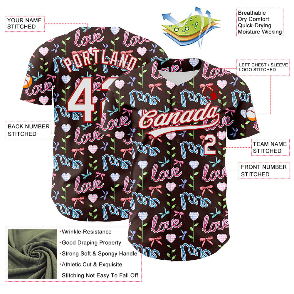 Custom Brown White-Red 3D Pattern Design Mother's Day Love Authentic Baseball Jersey view 3