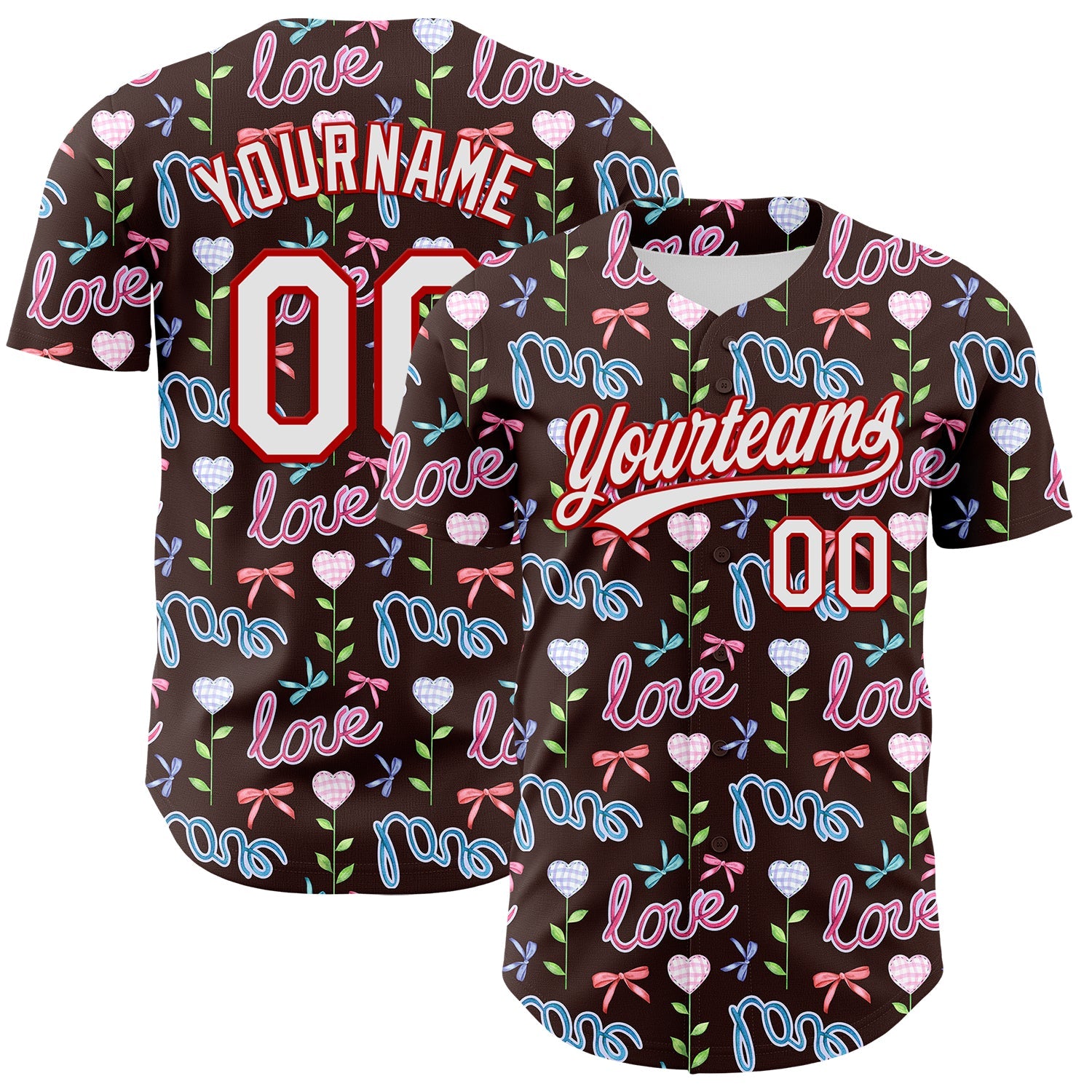 Custom Brown White-Red 3D Pattern Design Mother's Day Love Authentic Baseball Jersey - Main View